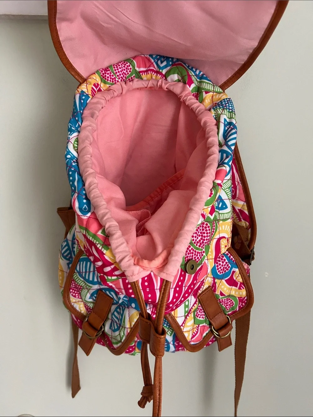 Vibrant Pink Multi-Color Printed Backpack with Brown Trim